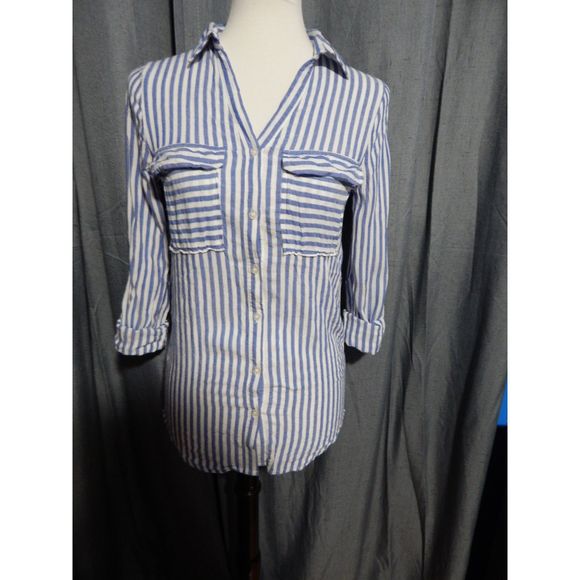 Women's Medium Bleuh Ceil Blue White Striped Button Up Long Sleeve Shirt - Picture 1 of 5